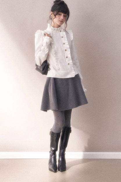 Pleated Lace Ruffle Asymmetrical Long-Sleeved Shirt