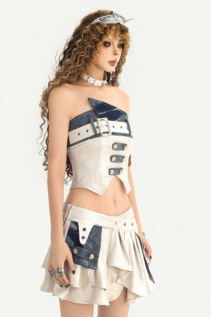 Silver Denim Patchwork Tube Top and Skirt Set-Up