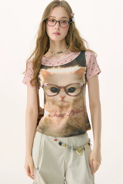Retro Distressed Cat Print Yellow T-Shirt
