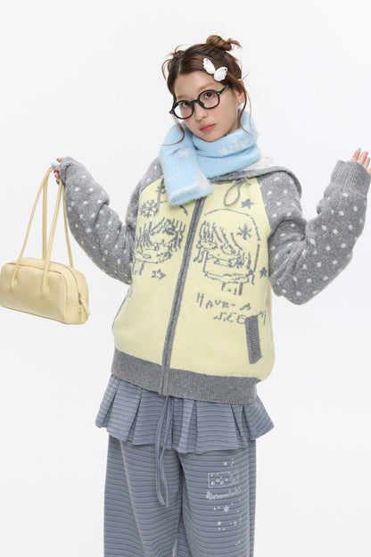 Polka Dot Raglan Zip Sweater