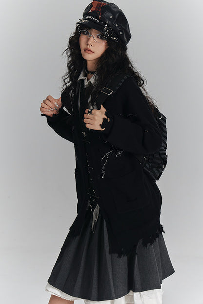 Irregular Ripped Pin V-Neck Knitted Cardigan