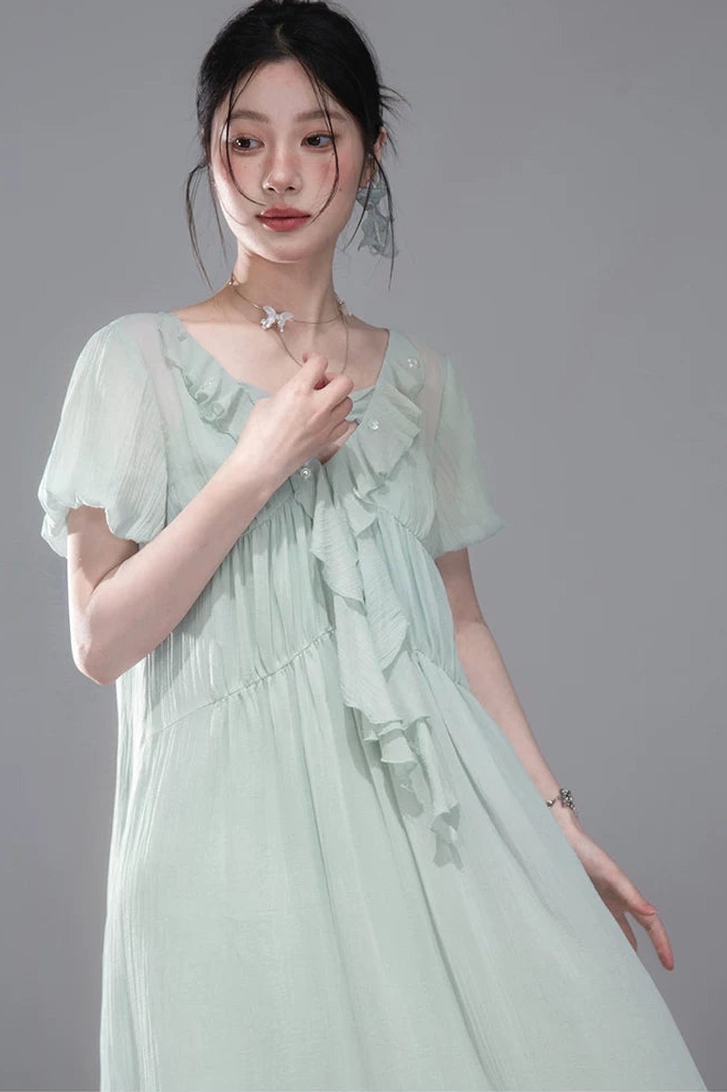 Lyocell Chiffon Puff Sleeve Dress