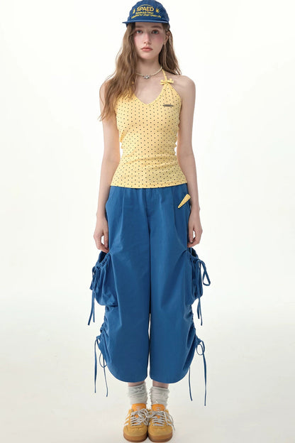 Blaue Ballon-Cargohose mit Kordelzug und weitem Bein