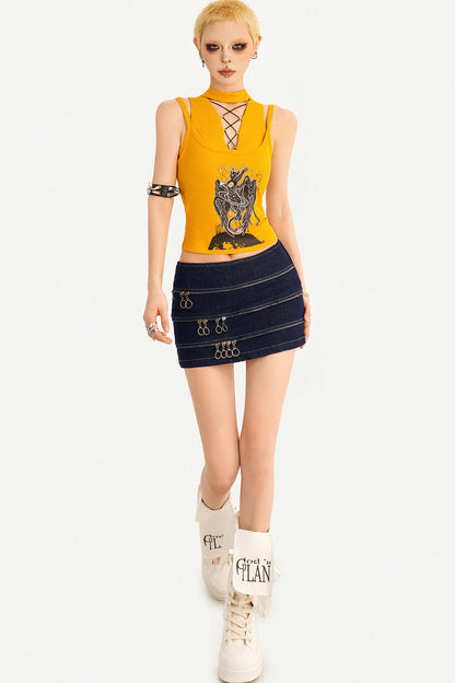 Yellow Sleeveless Lace-Up Graphic Tank Top