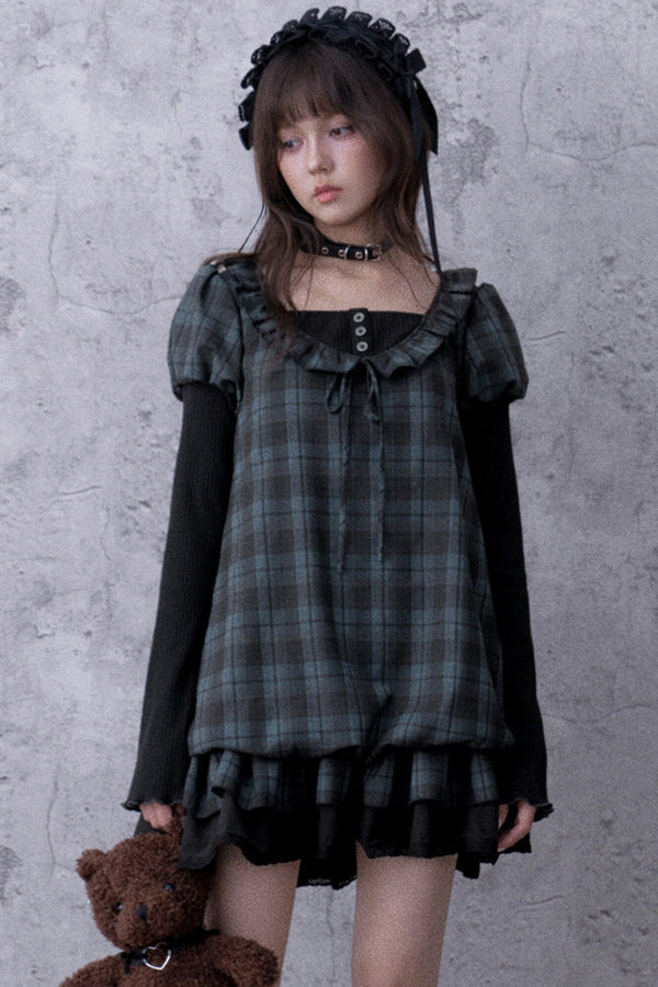 Blue Black Plaid Babydoll Dress