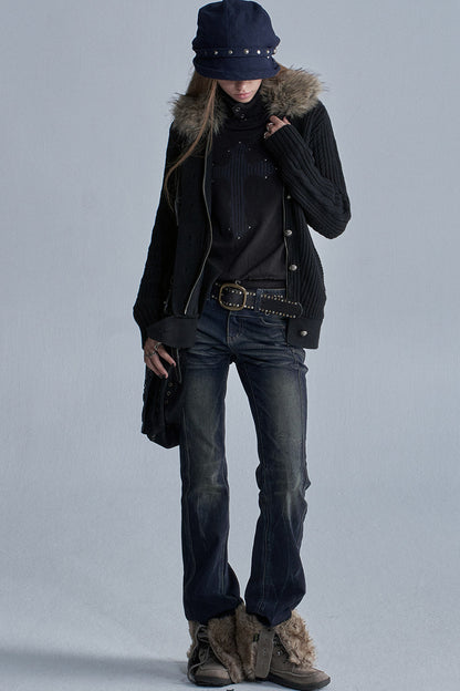 Asymmetrical Zipper Metal Buckle Cardigan