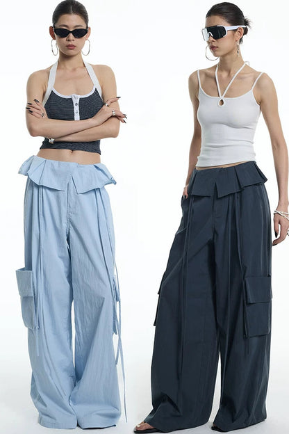 Ruffled Glacier Blue Wide-Leg Pants