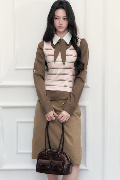 Retro Preppy Color-Blocking Shirt Vest Three-Piece Set-Up
