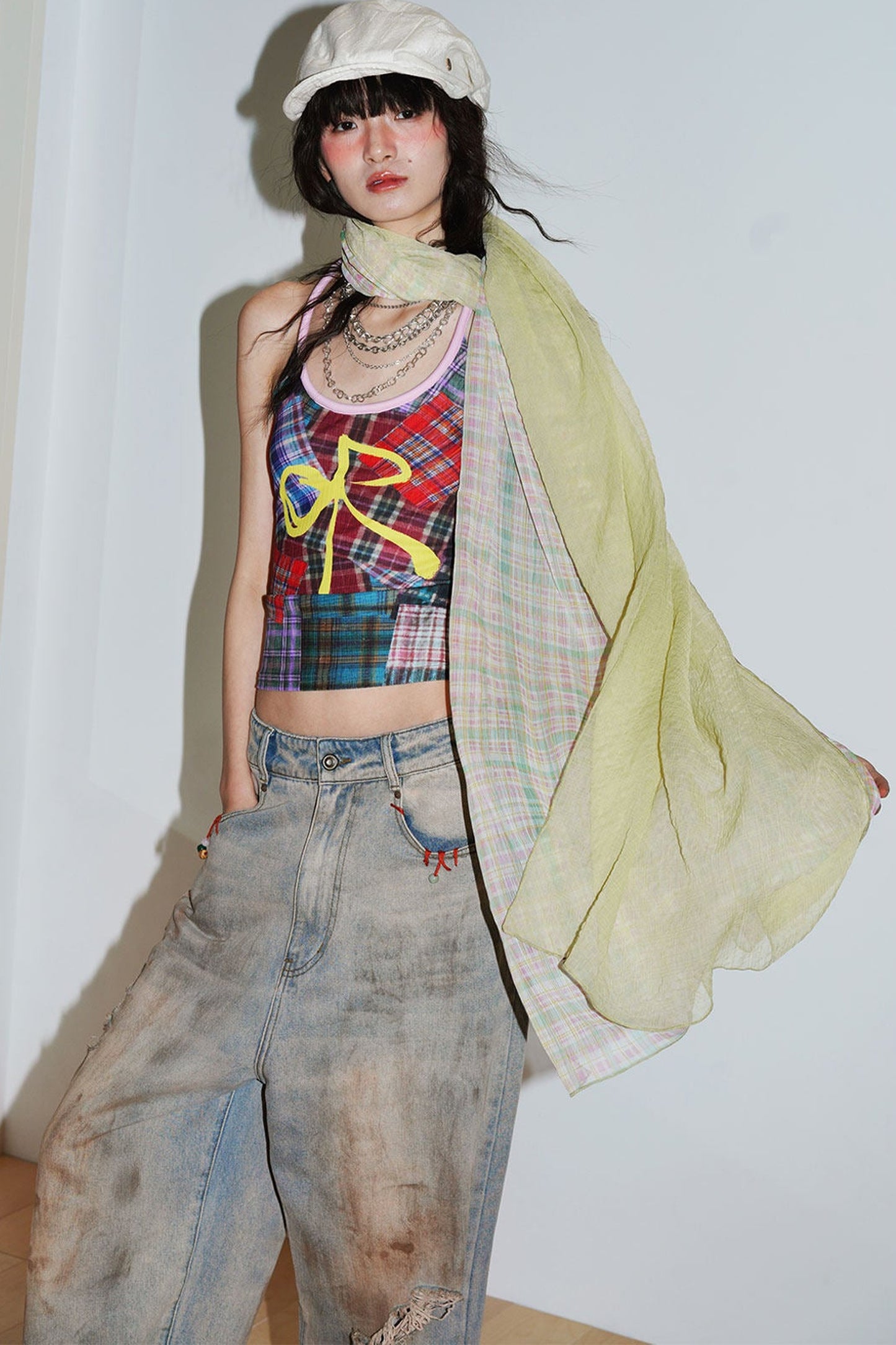 Color-Block Plaid Bow Camisole