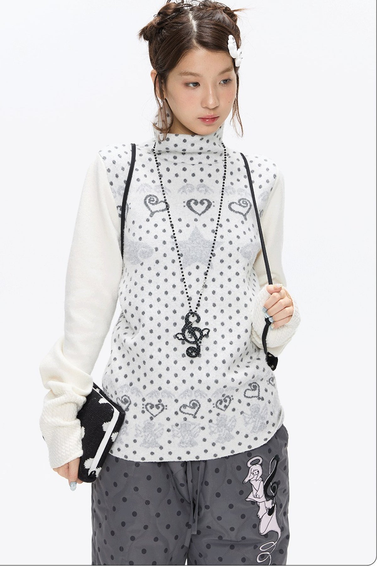 High-Neck Polka Dot Jacquard Sweater