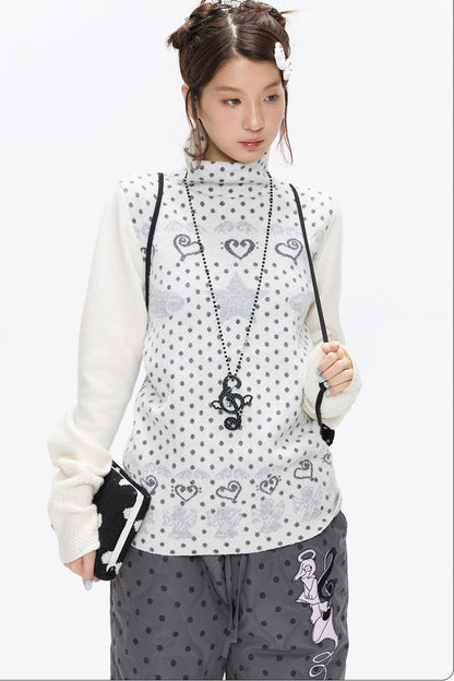 High-Neck Polka Dot Jacquard Sweater