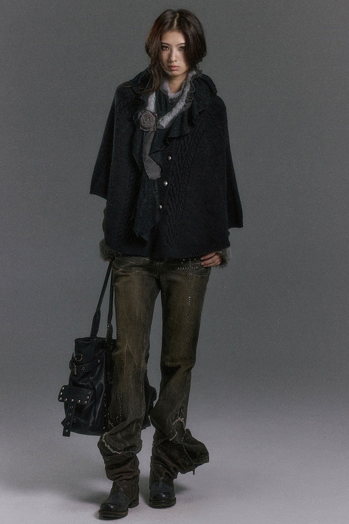 Detachable Fur Collar Cable Knit Cape