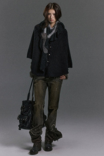 Detachable Fur Collar Cable Knit Cape