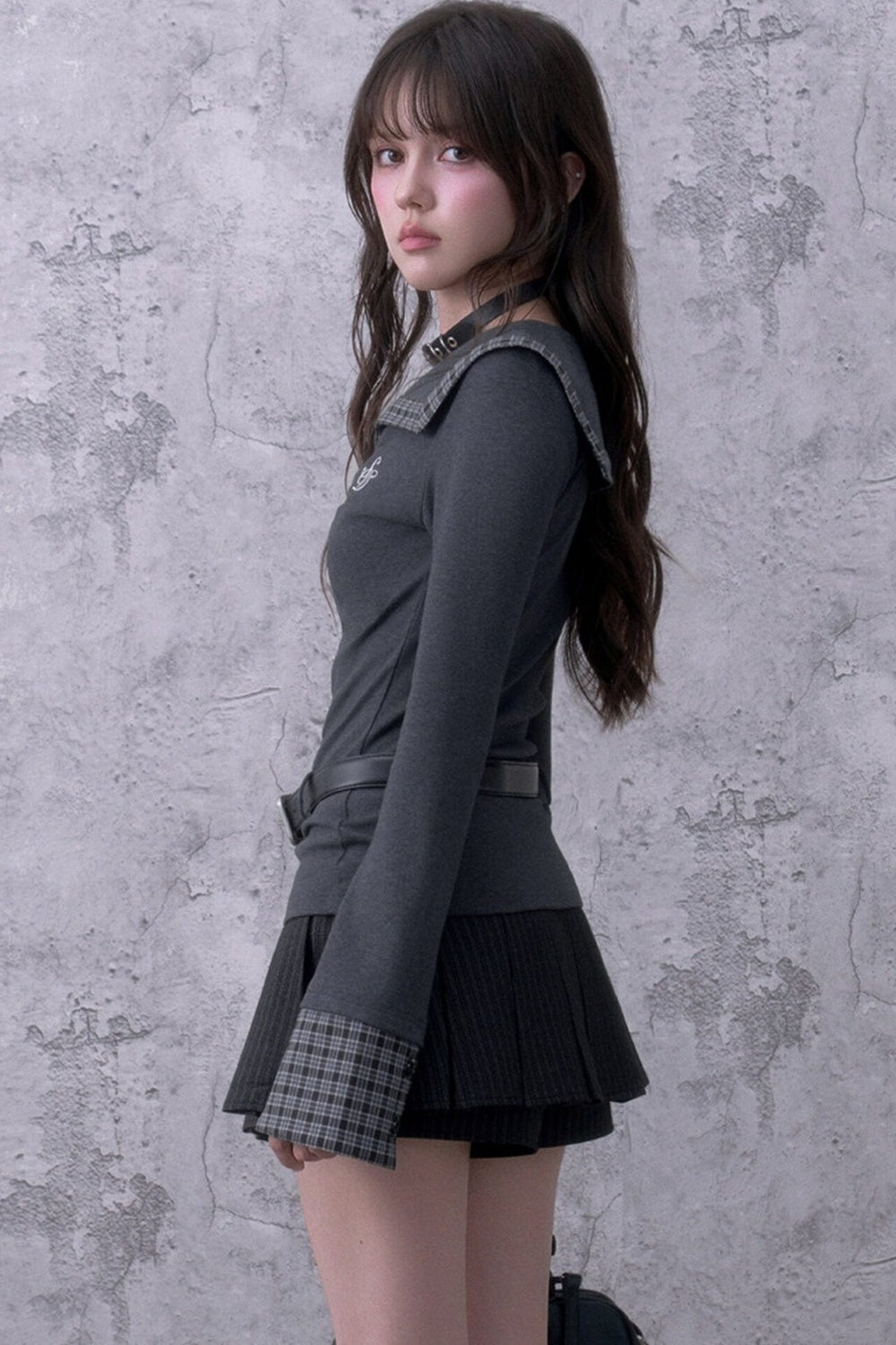 Black Gray Striped Brushed Double-Breasted Pleated Skirt