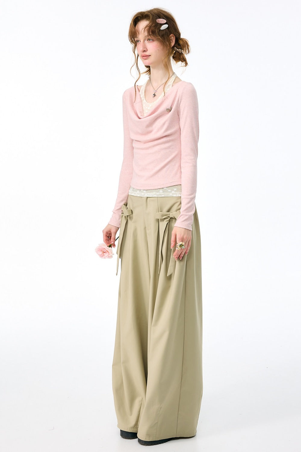 Pantalon abricot lacté à nœud