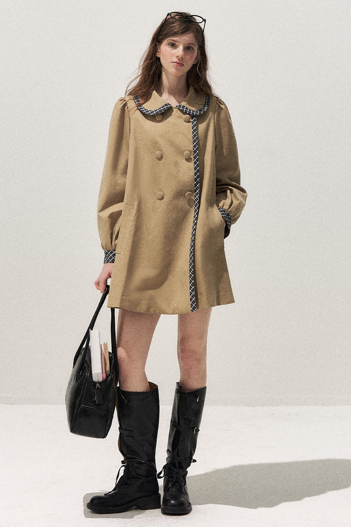 Doll Collar Double-Breasted Plaid Trench Coat