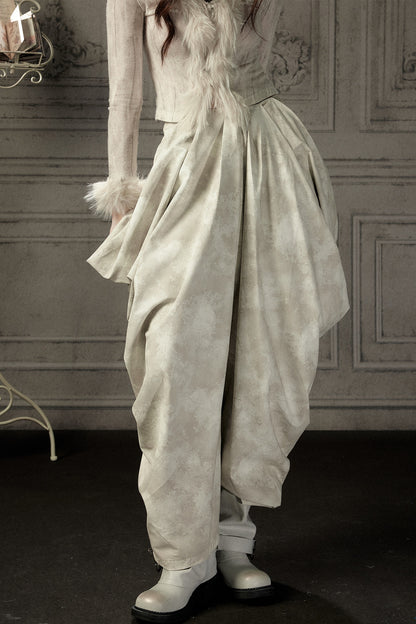 Beige Asymmetrical Stacked Long Pants