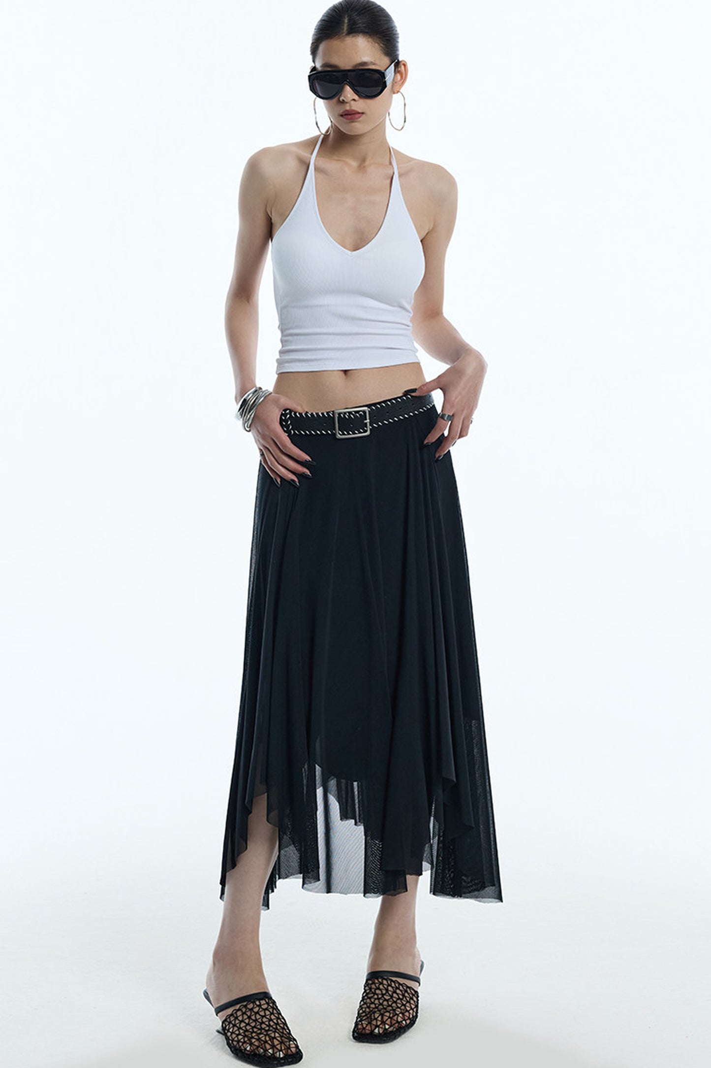 Asymmetrical Hem Mesh Skirt