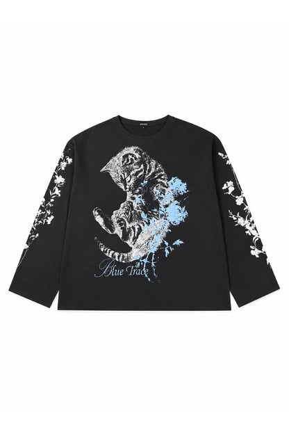 Distressed Cat Floral Long-Sleeve T-Shirt