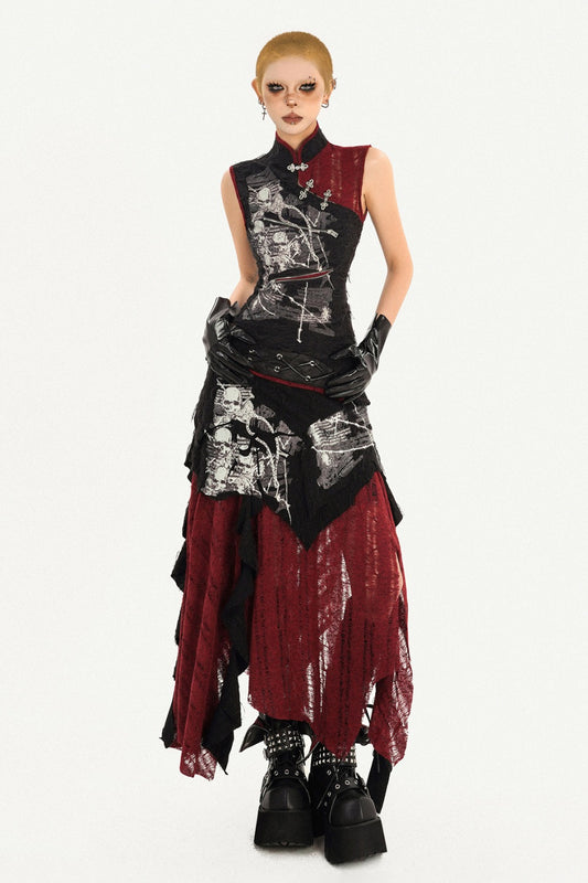 Gothic Cheongsam Sleeveless Top and Long Skirt Set-Up