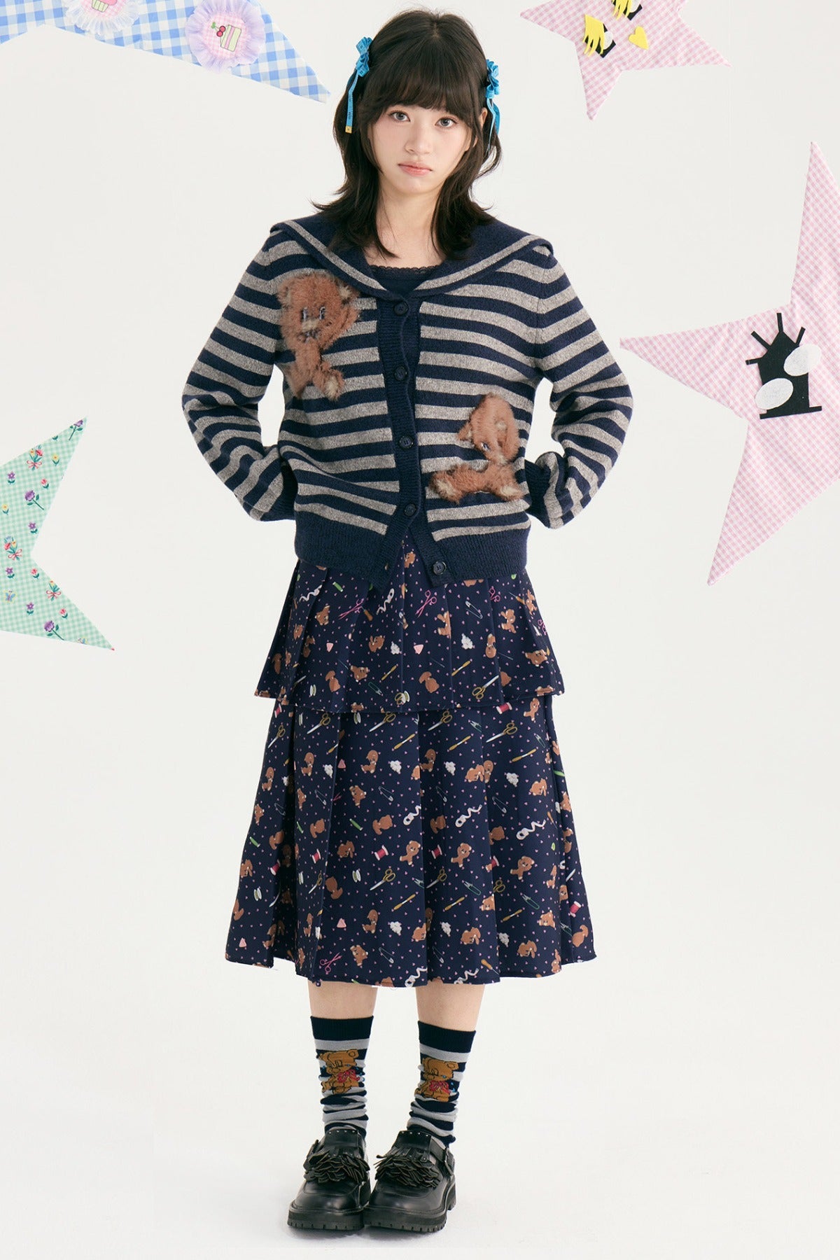 Bear Sailor Collar Chunky Knit Sweater