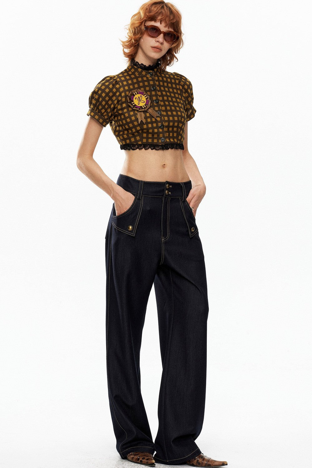 Yellow and Black Plaid Puff Sleeve Top