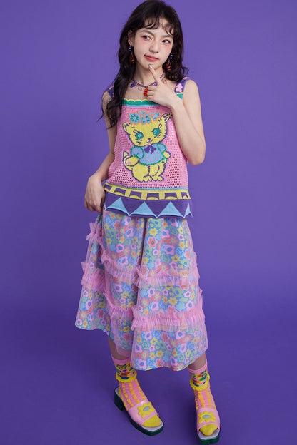 Gilet en maille ajourée à motif chaton rose