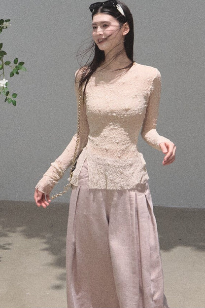 Silver Textured Knit Lace Top