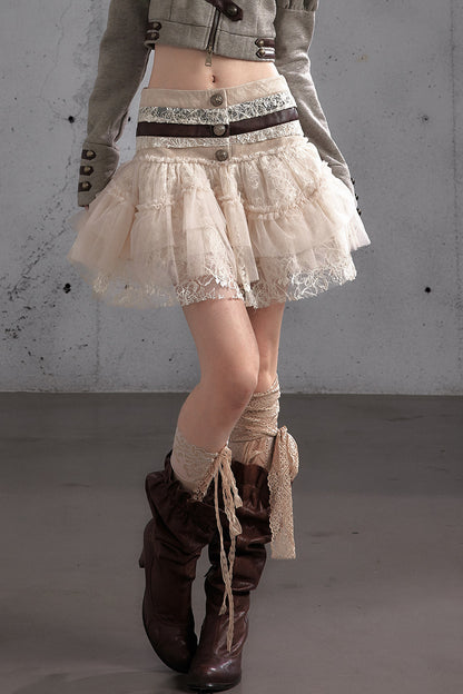 Lace Patchwork Pleated Multi-Layered Puffy Skirt