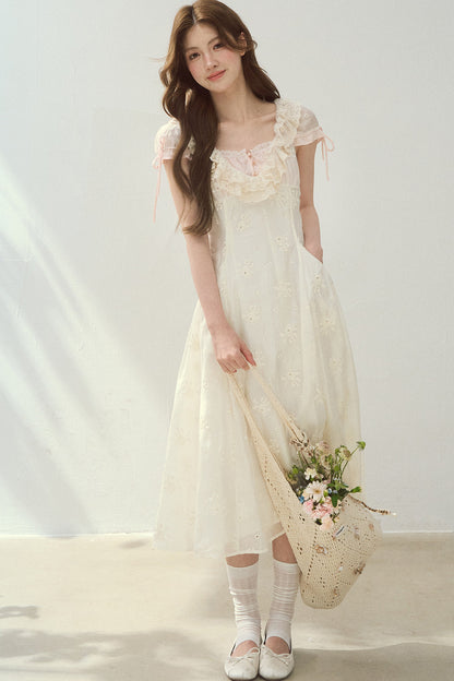 Rose Embroidered Square Neck Long Dress