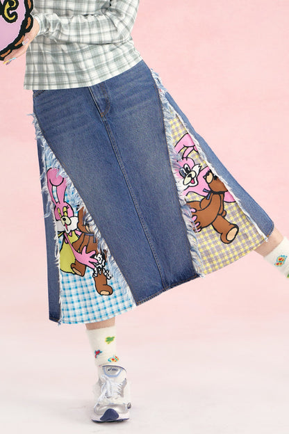 Patchwork Denim Plaid Heart Fringe Skirt