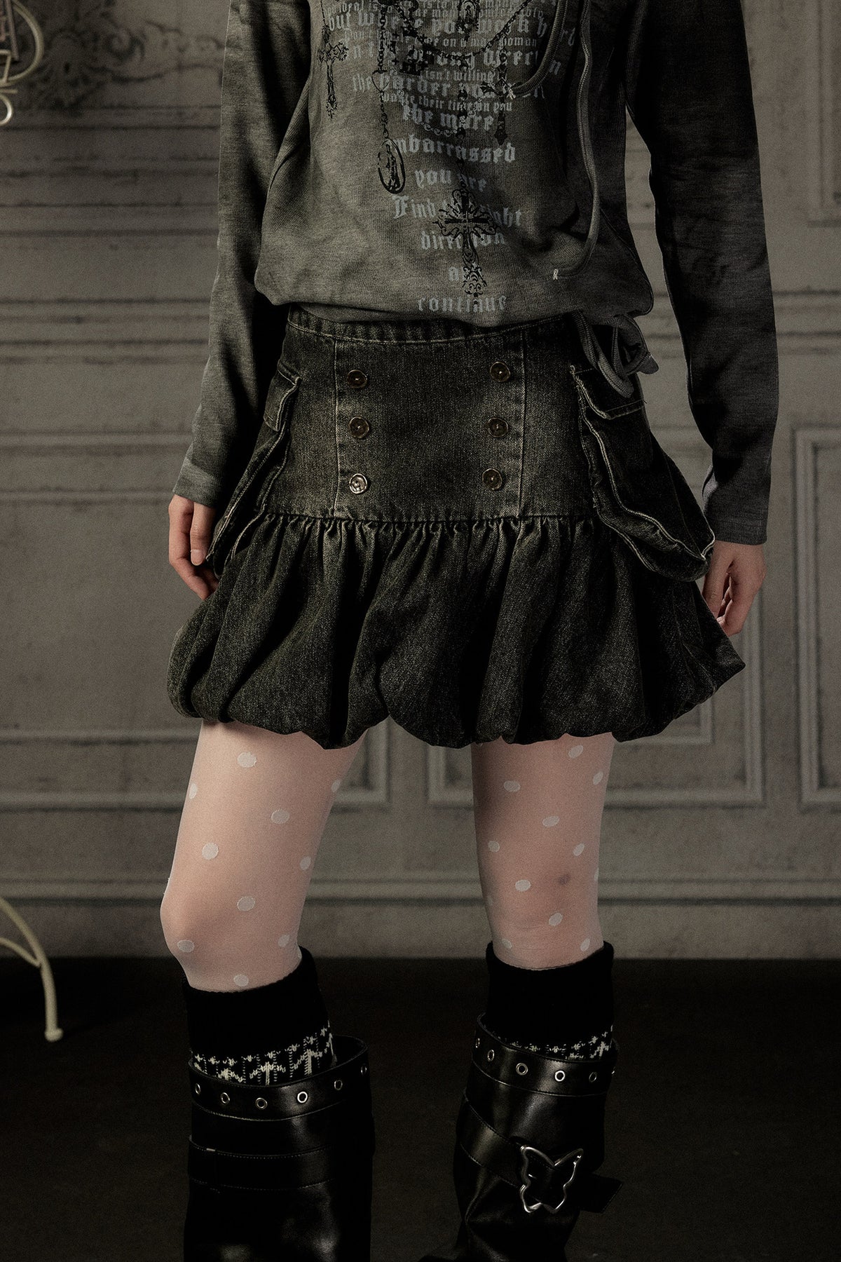 Black Denim Floral Puff Skirt