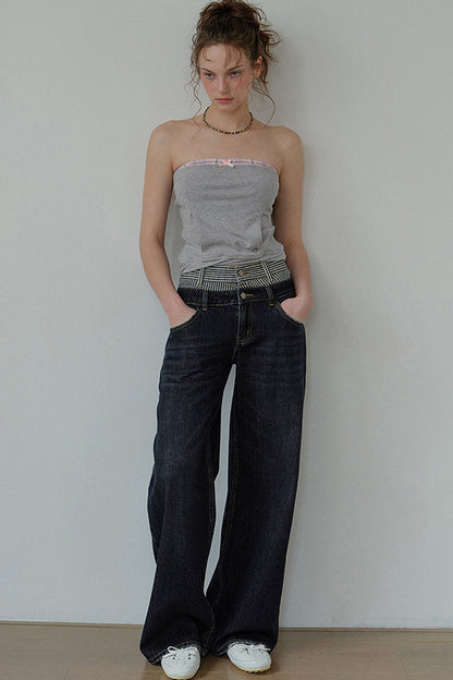 Striped Double Waistband Wide-Leg Jeans