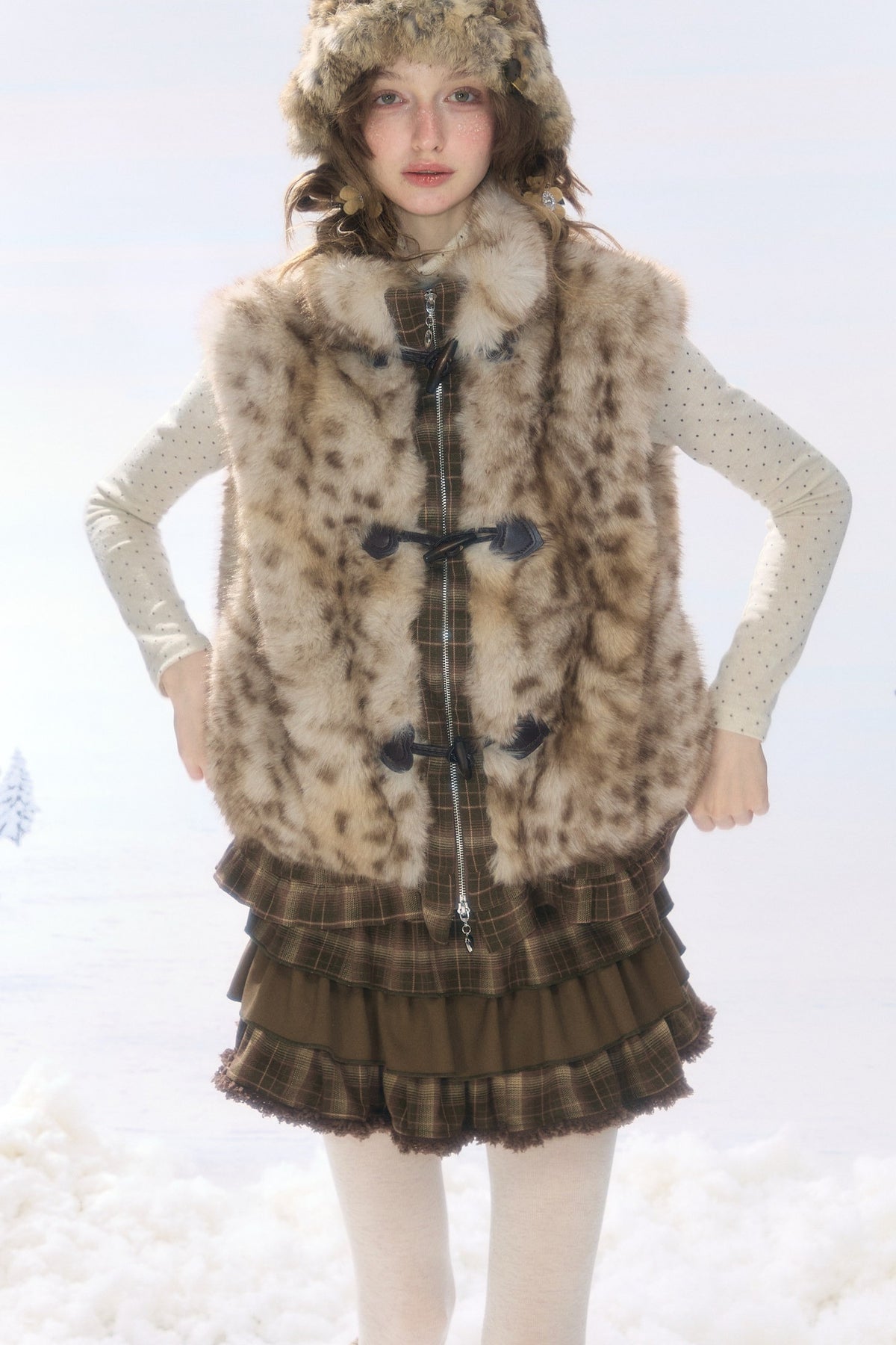 Plush Patchwork Plaid Leopard Horn Button Jacket