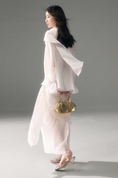 Moonlight Shawl Collar Bell Sleeve Shirt Tie-Up Skirt Set-Up
