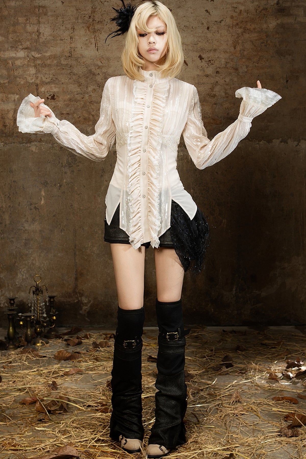 Lace Sequin Ruffle Gothic Shirt