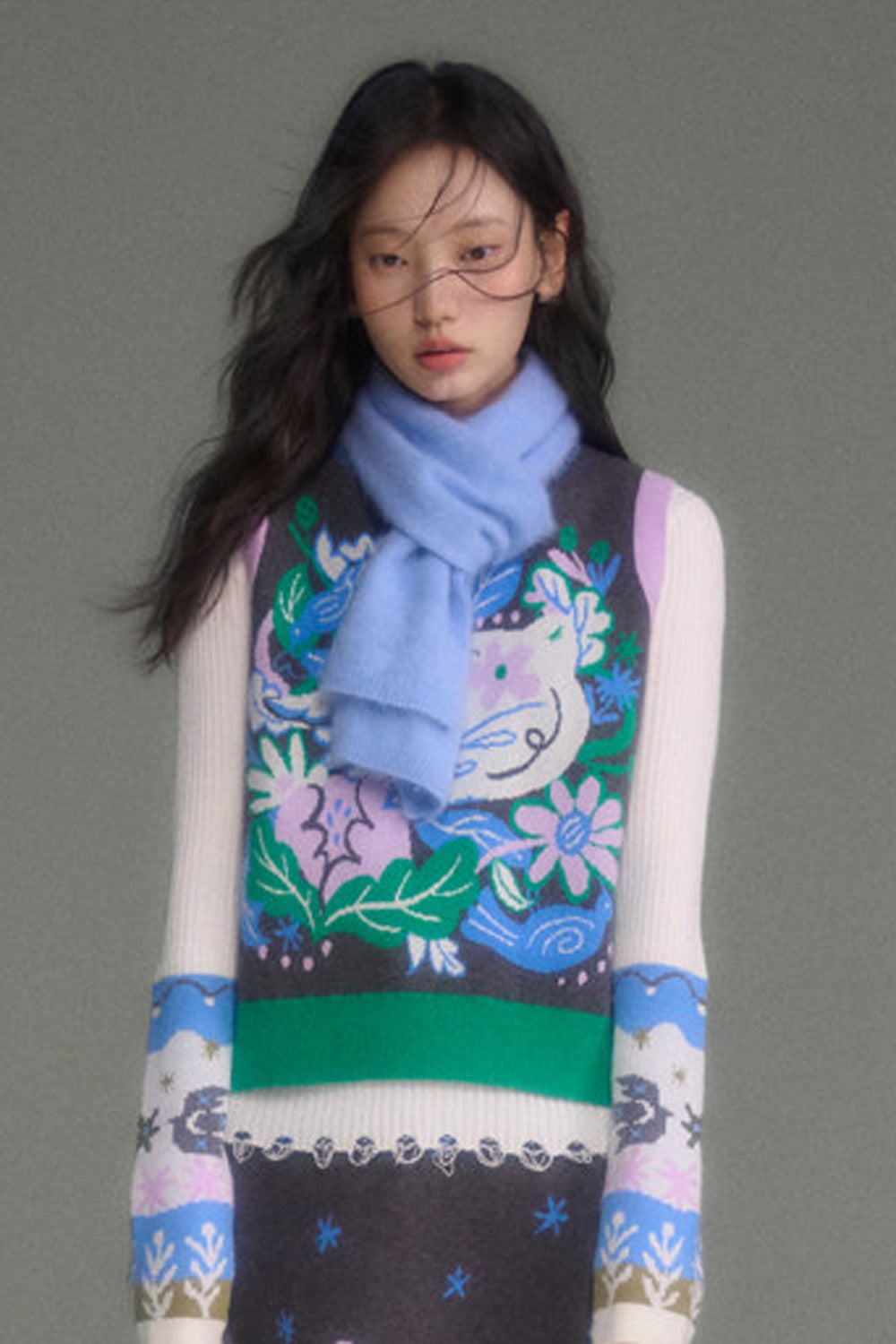 Wool Blend Bird Jacquard Knit Top