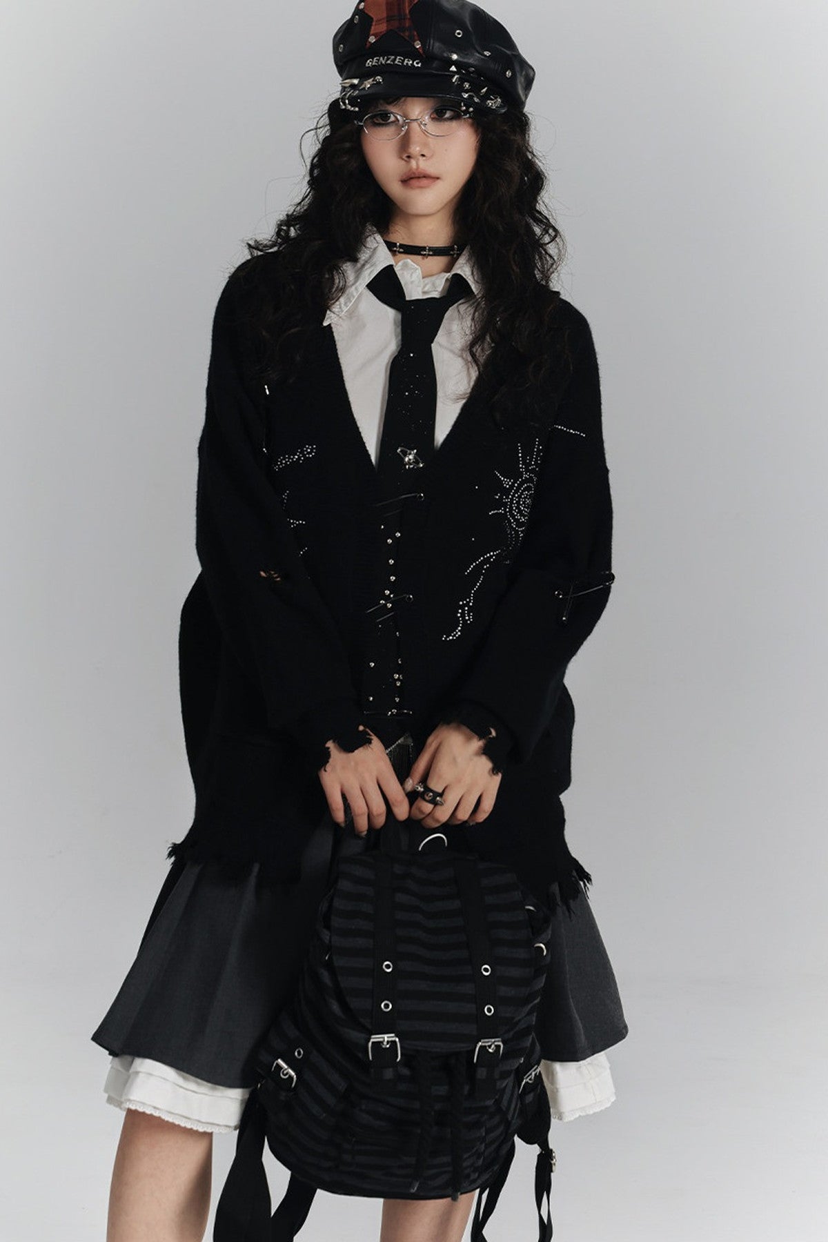 Irregular Ripped Pin V-Neck Knitted Cardigan