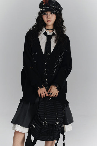 Irregular Ripped Pin V-Neck Knitted Cardigan