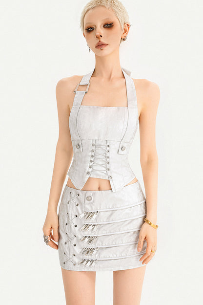 Silver Metallic Halter Corset Top and Skirt Set-Up
