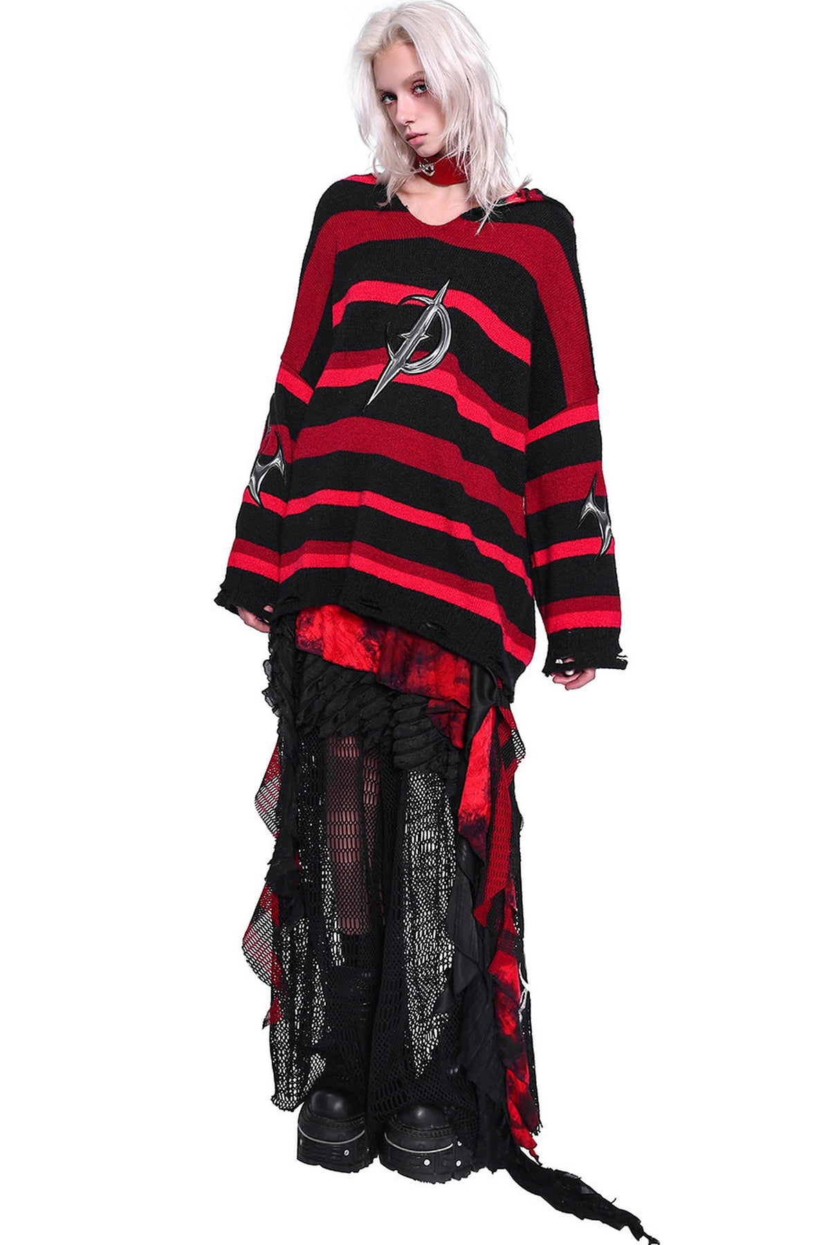Red Black Striped Embroidered Hoodie