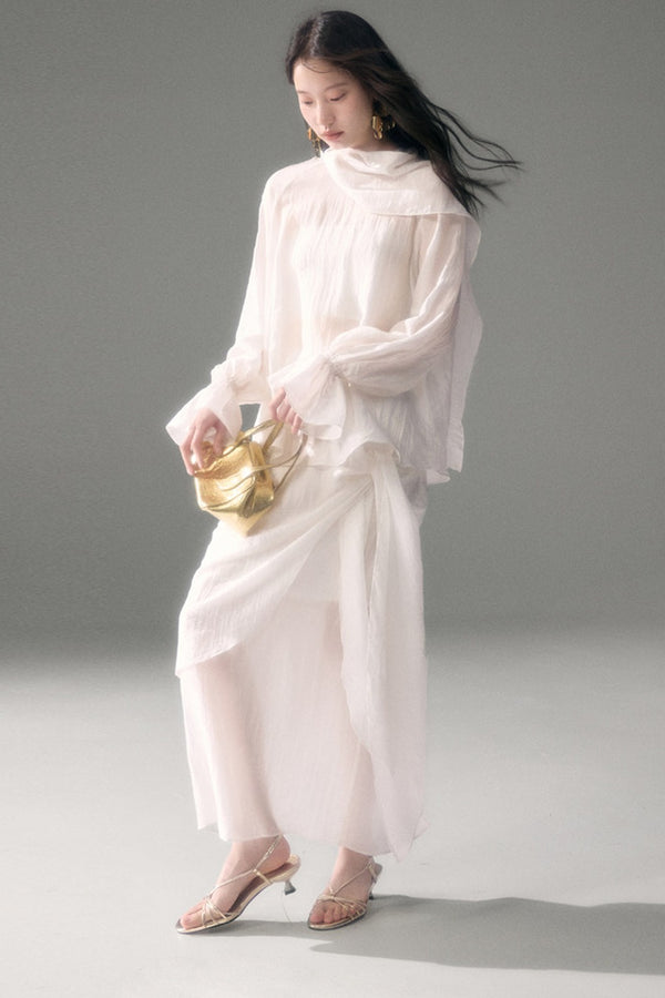 Moonlight Shawl Collar Bell Sleeve Shirt Tie-Up Skirt Set-Up