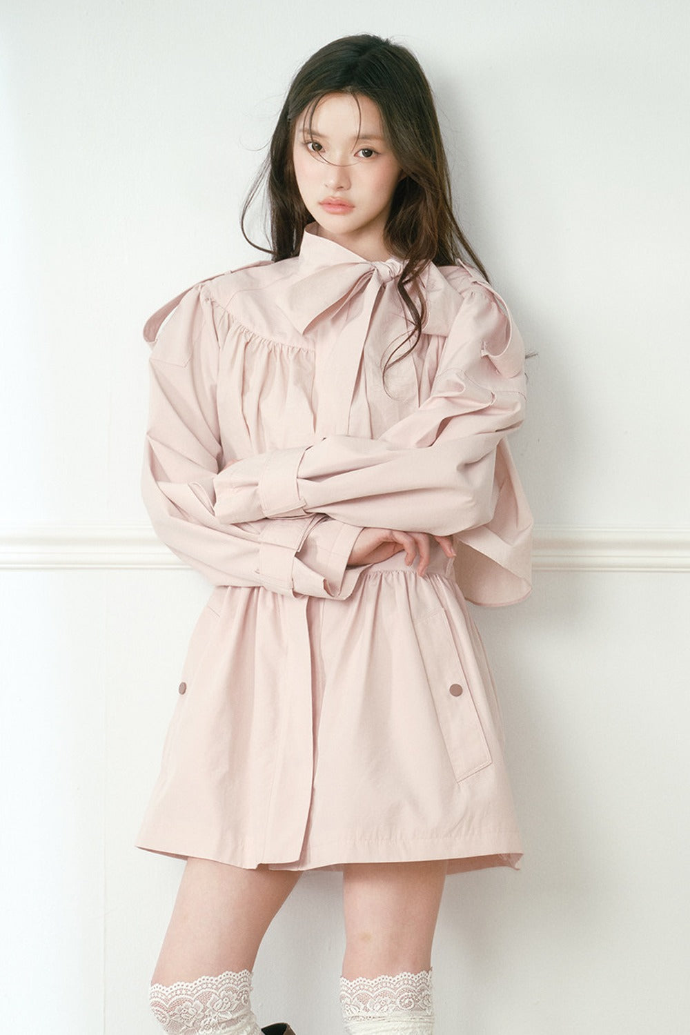 Smoky Pink Cape-Style Bow Trench Coat