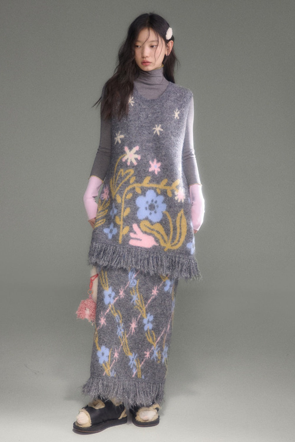 Tulip Floral Jacquard Knit Tassel Skirt