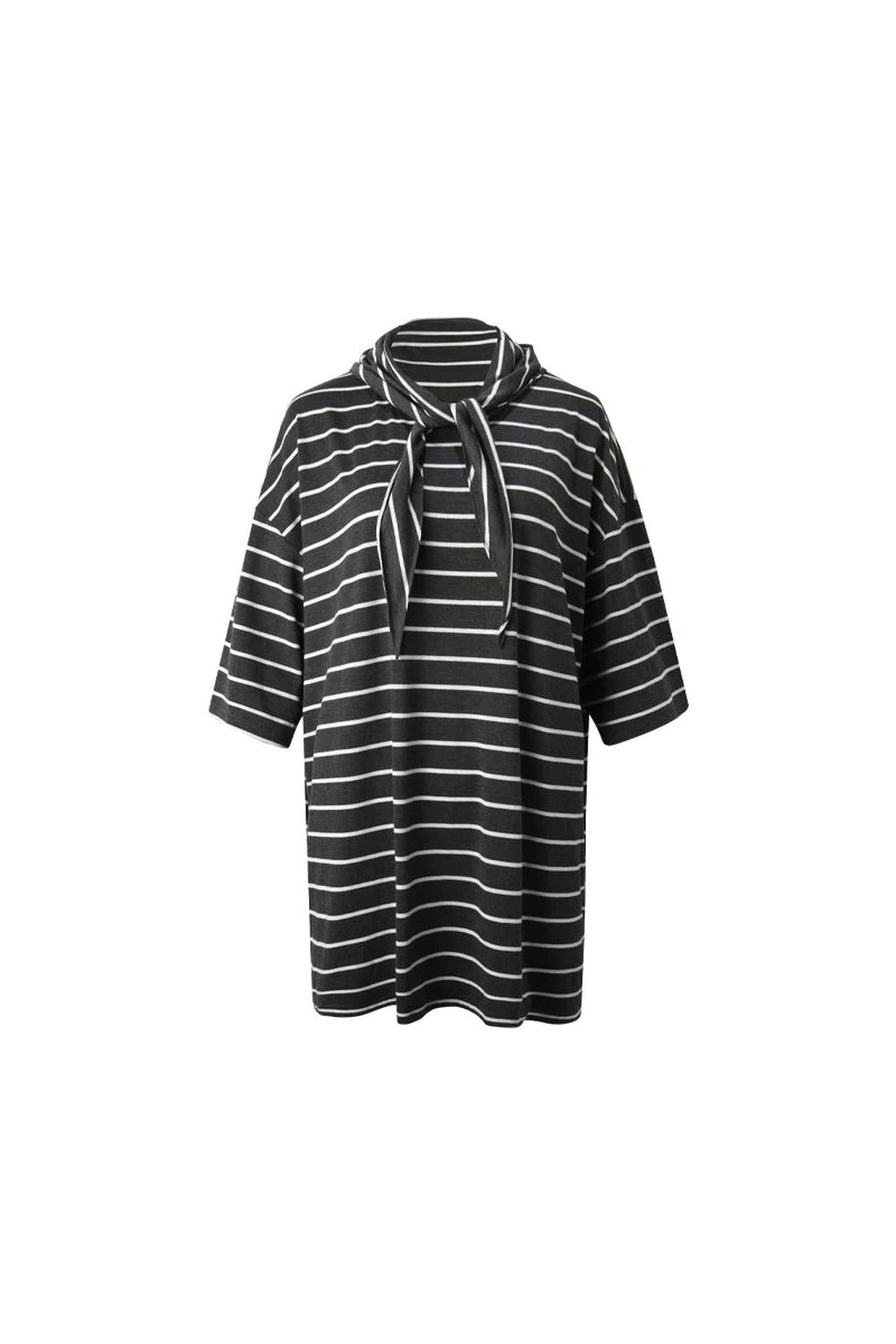 Oversize Gray White Striped Mid-Sleeve Tee