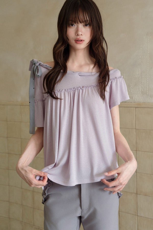 Off-Shoulder Tie-Neck Short-Sleeve Blouse
