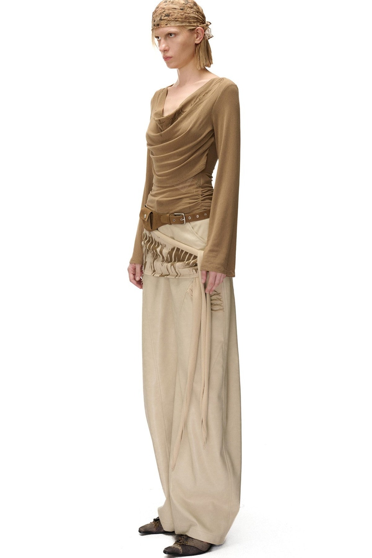 Printed Drape Neck Long-Sleeve T-Shirt