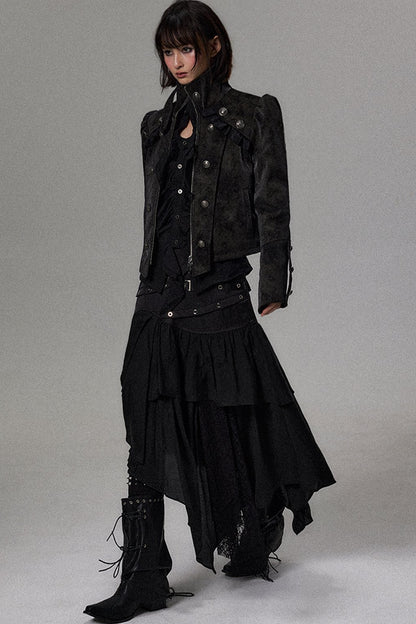 Double-Breasted Puff Sleeve Suede Jacket