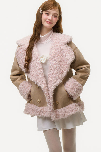 Pink Lamb Wool Patchwork Suede Jacket