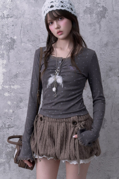 Gray Purple Lace Henley T-shirt